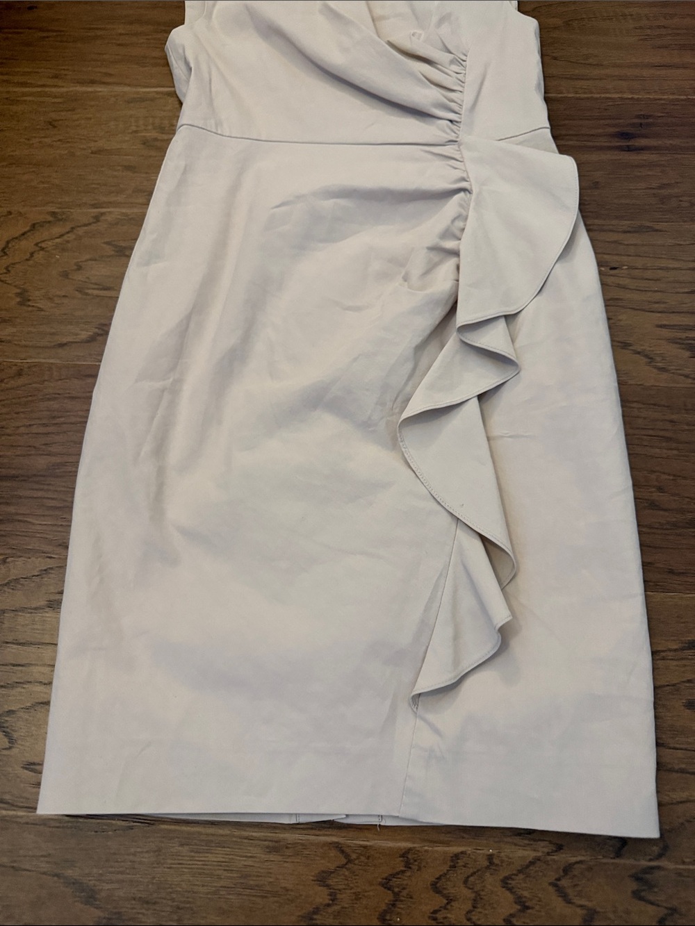 Tailored by Rebecca Taylor Cream Ruched Ruffle Midi Sheath Dress - Picture 5 of 13